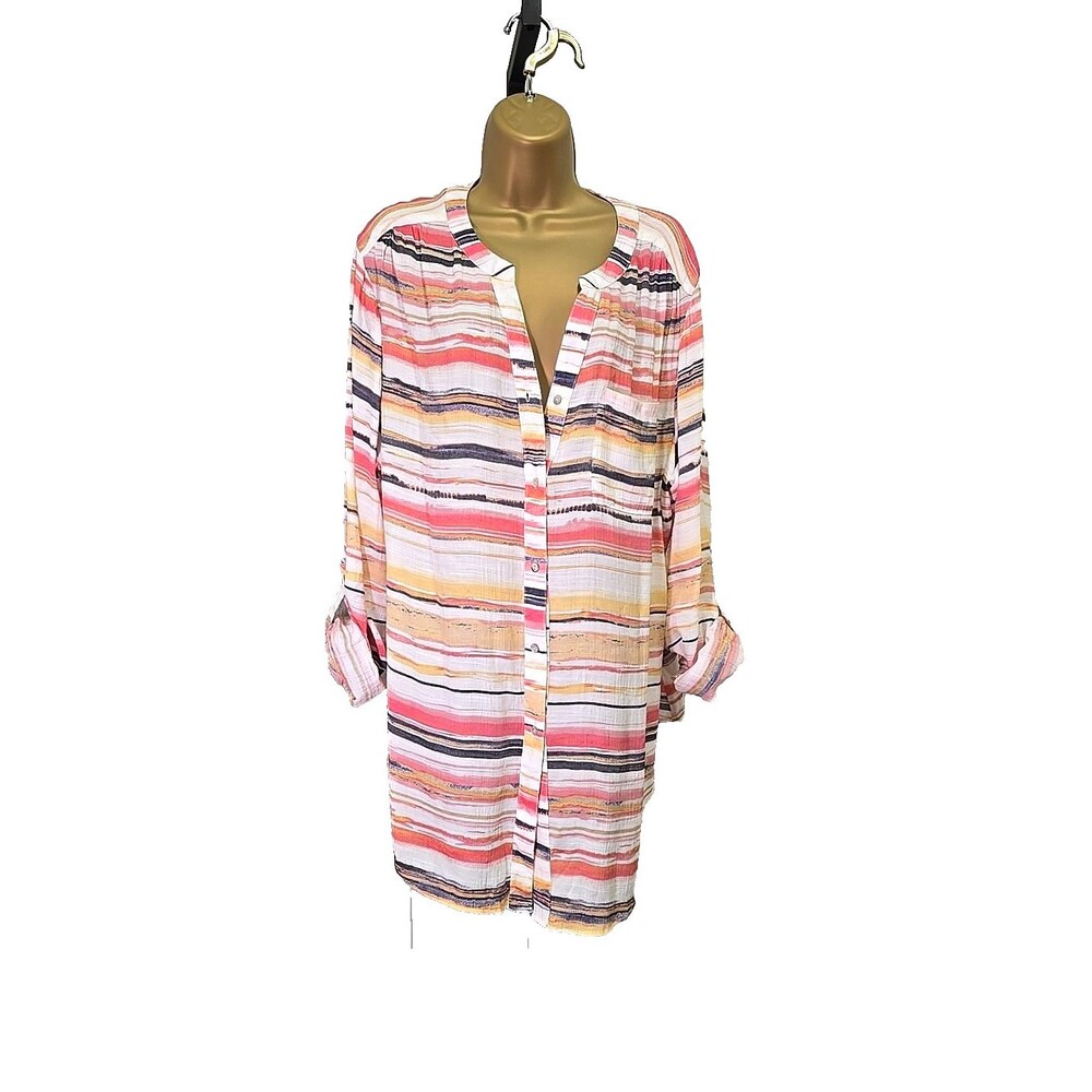 Multicolor Stripe Lightweight Button Long Tunic W… - image 8